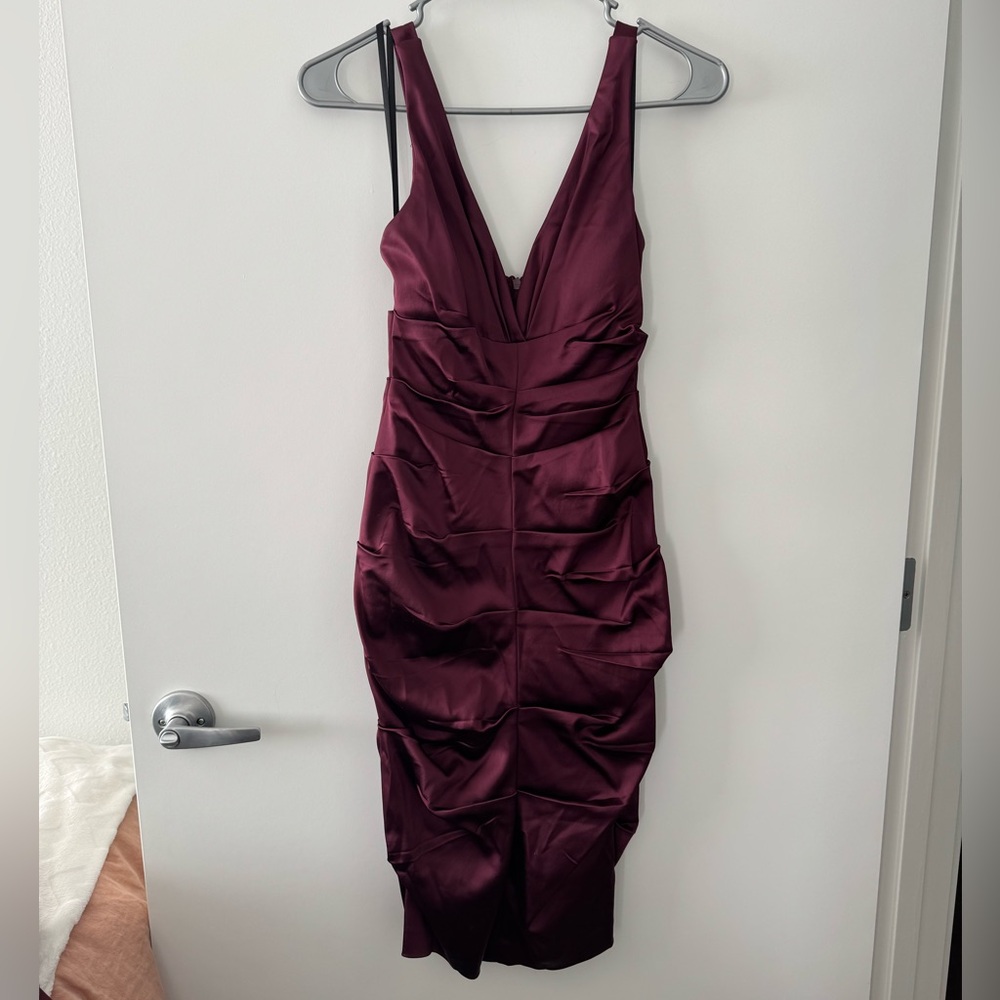Xscape Satin Ruched V-Neck Dress - Wine